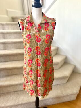 Tan Embroidered Neon Pink Orange Gold Sequin Floral Indian Kameez